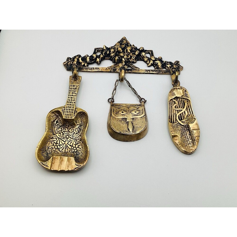Vintage Victorian Brass 3 Hook Hanger, Brass Ornaments Slipper Guitar Purse